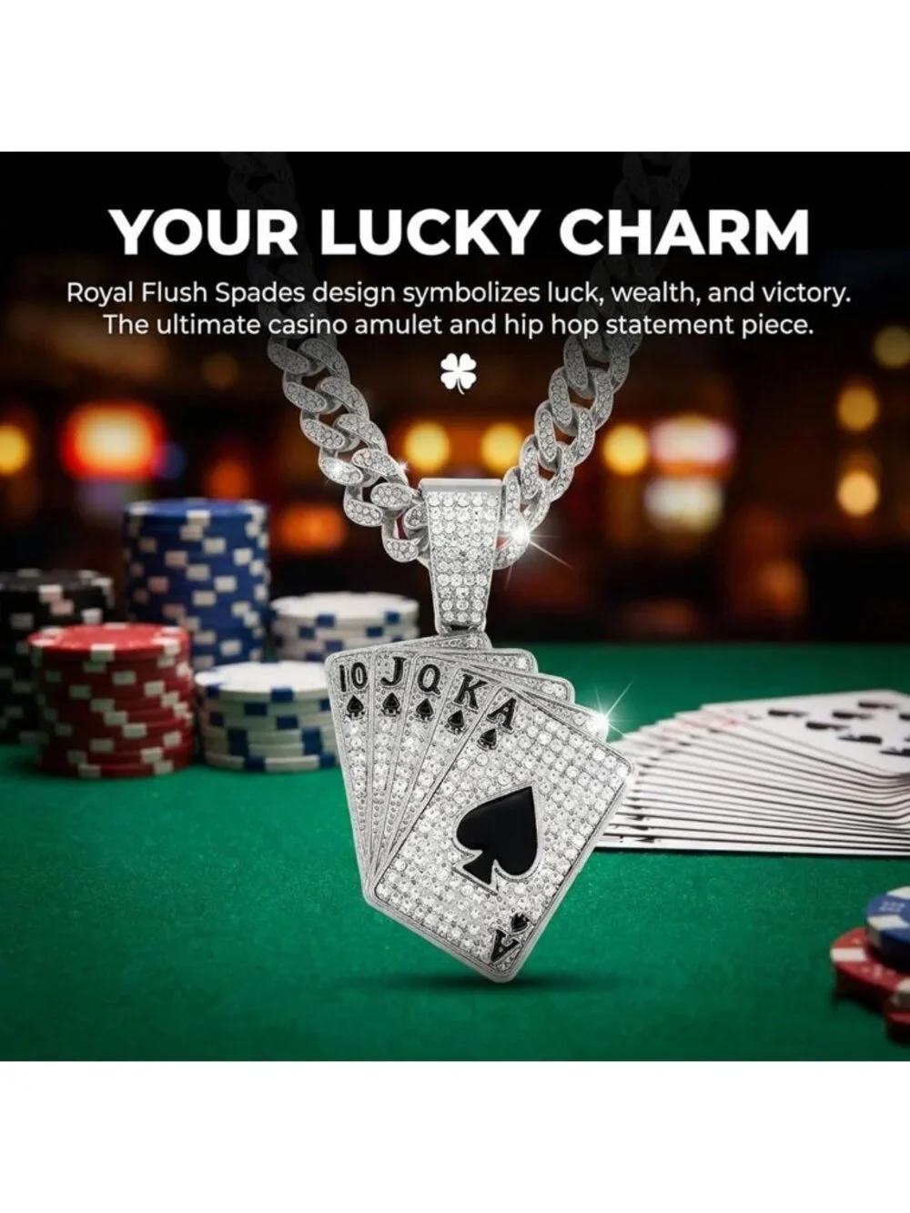 Iced Out Cuban Link Chain Necklace with Royal Flush Pendant, 20